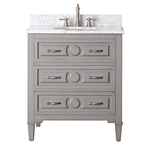 Elegant Kelly Grayish Blue 30-Inch Vanity Combo with White Carrera Marble Top 30 inch bathroom vanity with sink