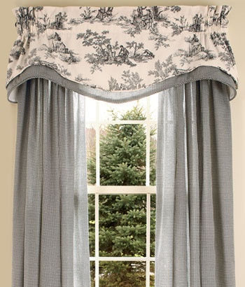 Awesome ...in red for the living room. country curtains. Lenoxdale Toile Layered french toile curtains