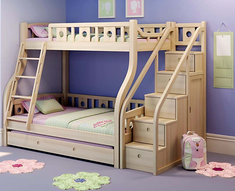 Awesome wooden bunk beds with movable stairs and trundle bunk beds for kids with stairs