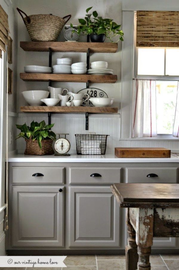 Beautiful gray cabinets u0026 rustic open shelves looks great together kitchen cabinet shelving ideas
