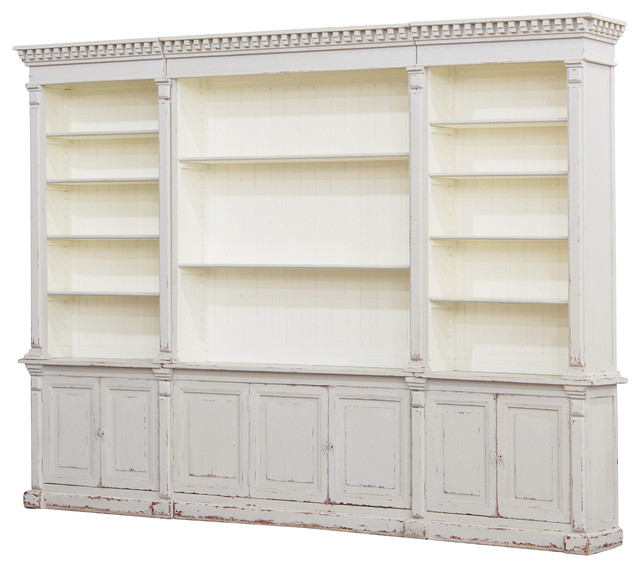 Beautiful Laundress French Country Distressed Grey Large Display Bookcase traditional- bookcases large wooden bookshelf