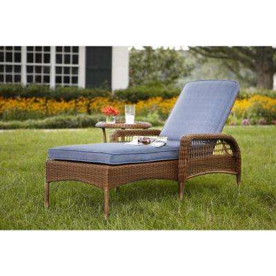 Beautiful Spring Haven Brown All-Weather Wicker Patio Chaise Lounge with Sky Blue patio lounge chairs