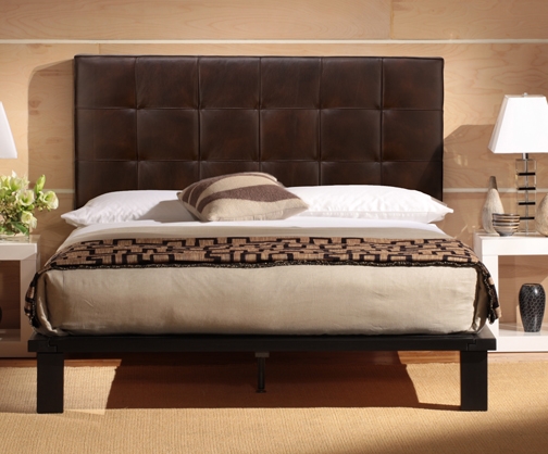 Contemporary Solide Queen Platform Bed- Vintage Brown Leather bed leather headboard