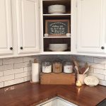 Best Farmhouse kitchen, butcher block, subway tile, open cabinets, kitchen  counter decor, decorating ideas for kitchen counters