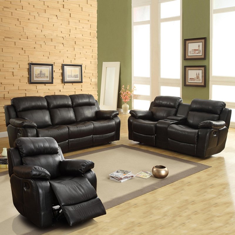 Best Weston Home Darrin Leather Reclining Sofa Set with Console - Black leather reclining sofa set