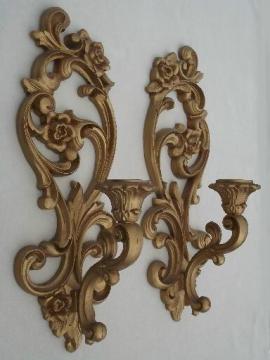 Chic ornate gold wall sconces, vintage Homco candle holders wall plaques antique wall candle holders