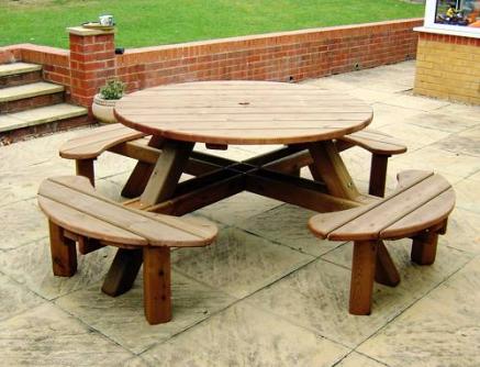 Compact 8 Seater Round Garden Picnic Table round wooden garden table and chairs