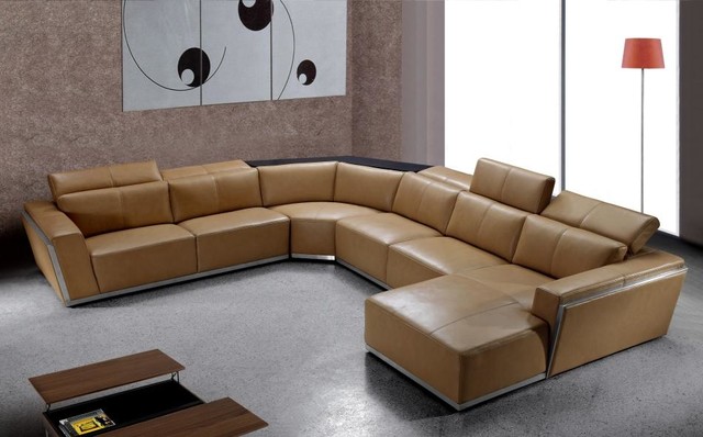 Compact Contemporary Brown Leather Sectional with Retractable Headrests modern -living-room modern leather sectional sofa