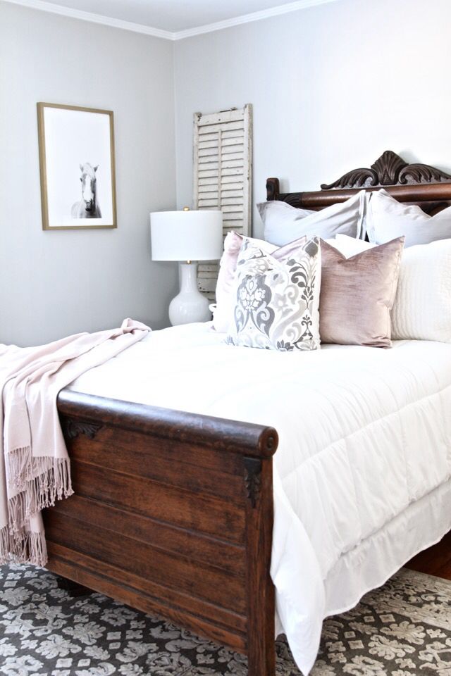 Contemporary I love the bedding colours with the dark wood, exact same as dark wood bed frame