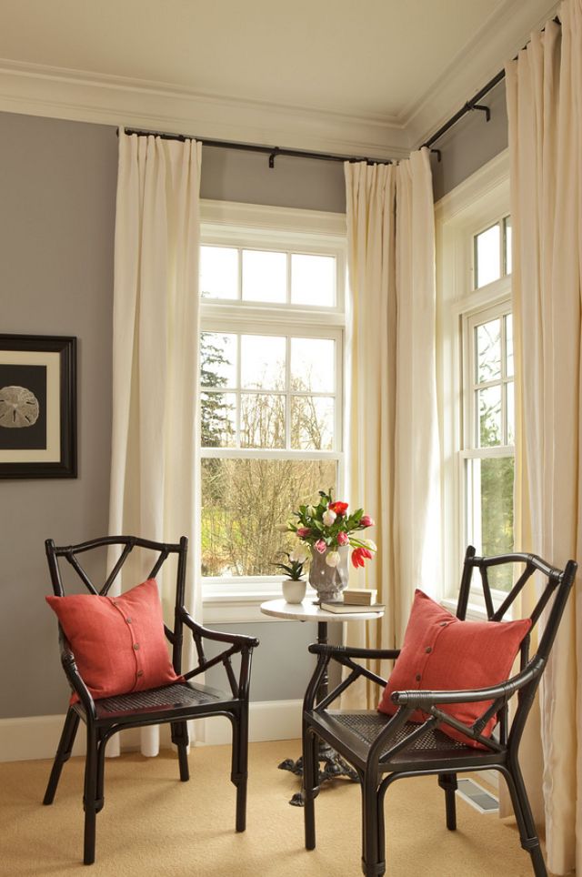 Awesome This room has the perfect combination of gray, black, cream, red and aqua. corner window curtain rod