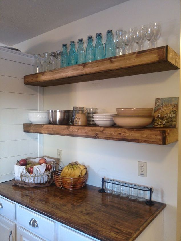 Cozy faux floating shelves is an easy DIY solution for kitchen storage shelving ideas for kitchen