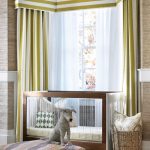 Cozy Horizontal stripe valance with vertical stripe curtains in bay window.  Graphic horizontal striped curtains