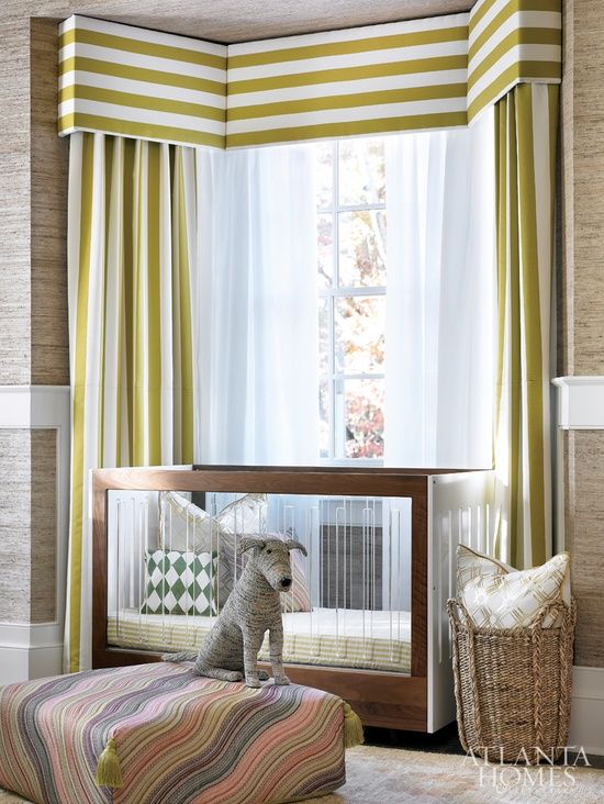 Cozy Horizontal stripe valance with vertical stripe curtains in bay window.  Graphic horizontal striped curtains