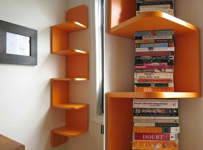 Cozy modern orange corner shelf by William Feeney modern corner bookshelf