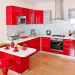 Cozy Red Kitchen Furniture White Wall and Wooden Flooring red and white kitchen designs