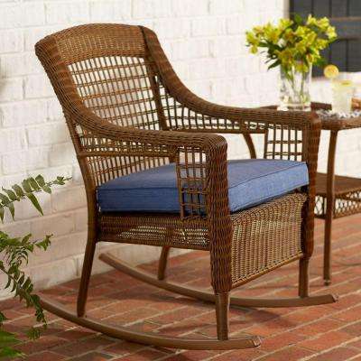 Cozy Spring Haven Brown All-Weather Wicker Patio Rocking Chair with Sky Blue rocking chair patio set