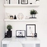 Cozy white floating shelves echo with the white lacquer desk for a perfect white floating shelves