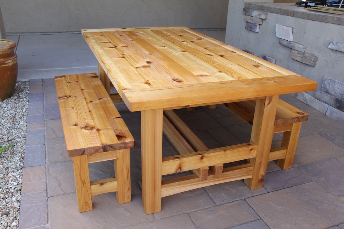 Elegant Appealing Cedar Patio Table Plans and A Pair of Outdoor Backless Bench outdoor wooden tables and benches