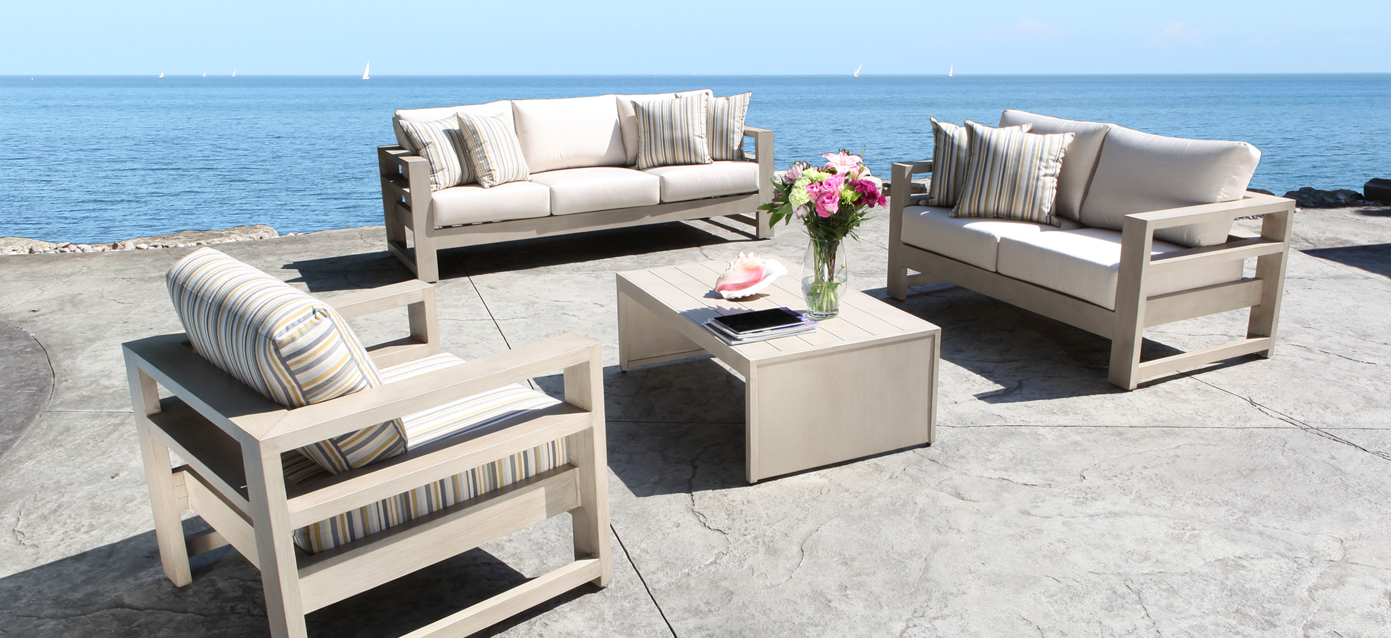 Elegant Aura Cast Aluminum Patio Furniture Conversation Set with A Modern Luxury modern aluminum patio furniture