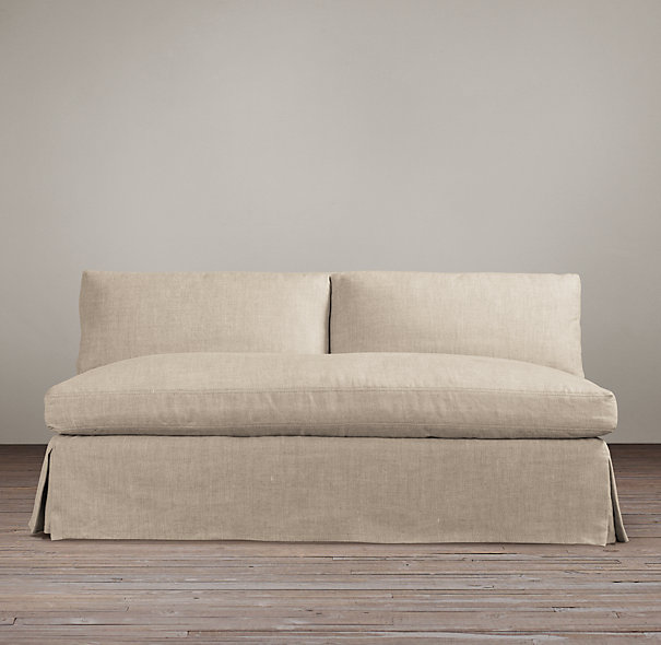Elegant Belgian Slope Arm Slipcovered Armless Sofa | | Restoration Hardware armless sofa slipcover