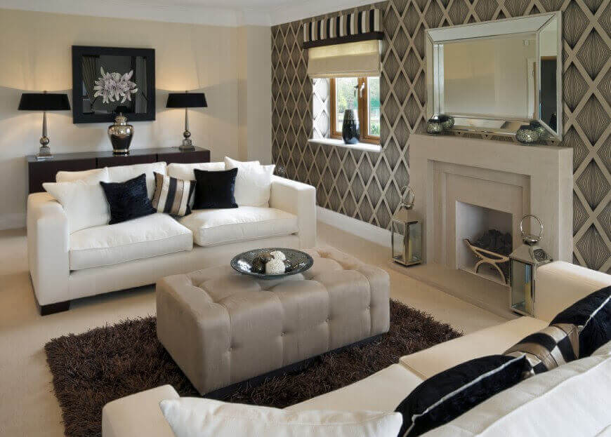 Cozy Modern look living room features white sofas with dark decorative pillows  facing elegant modern living rooms