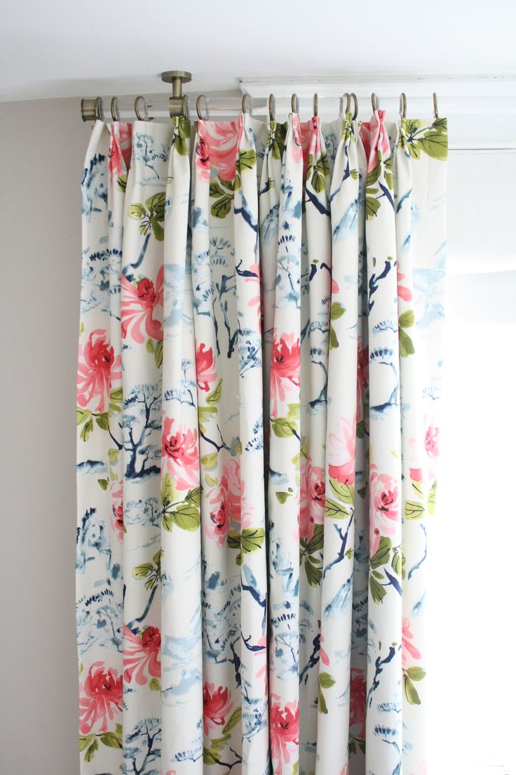 Elegant stunning floral curtains with pink peonies + indigo blue bonsai trees made floral pattern curtains