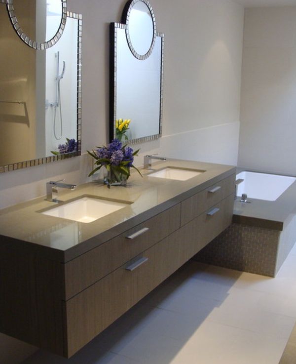Stunning View in gallery Tantalizing bathroom design with beautiful mirrors and  brown floating floating bathroom vanity cabinet