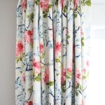 Photos of stunning floral curtains with pink peonies + indigo blue bonsai trees made floral bedroom curtains
