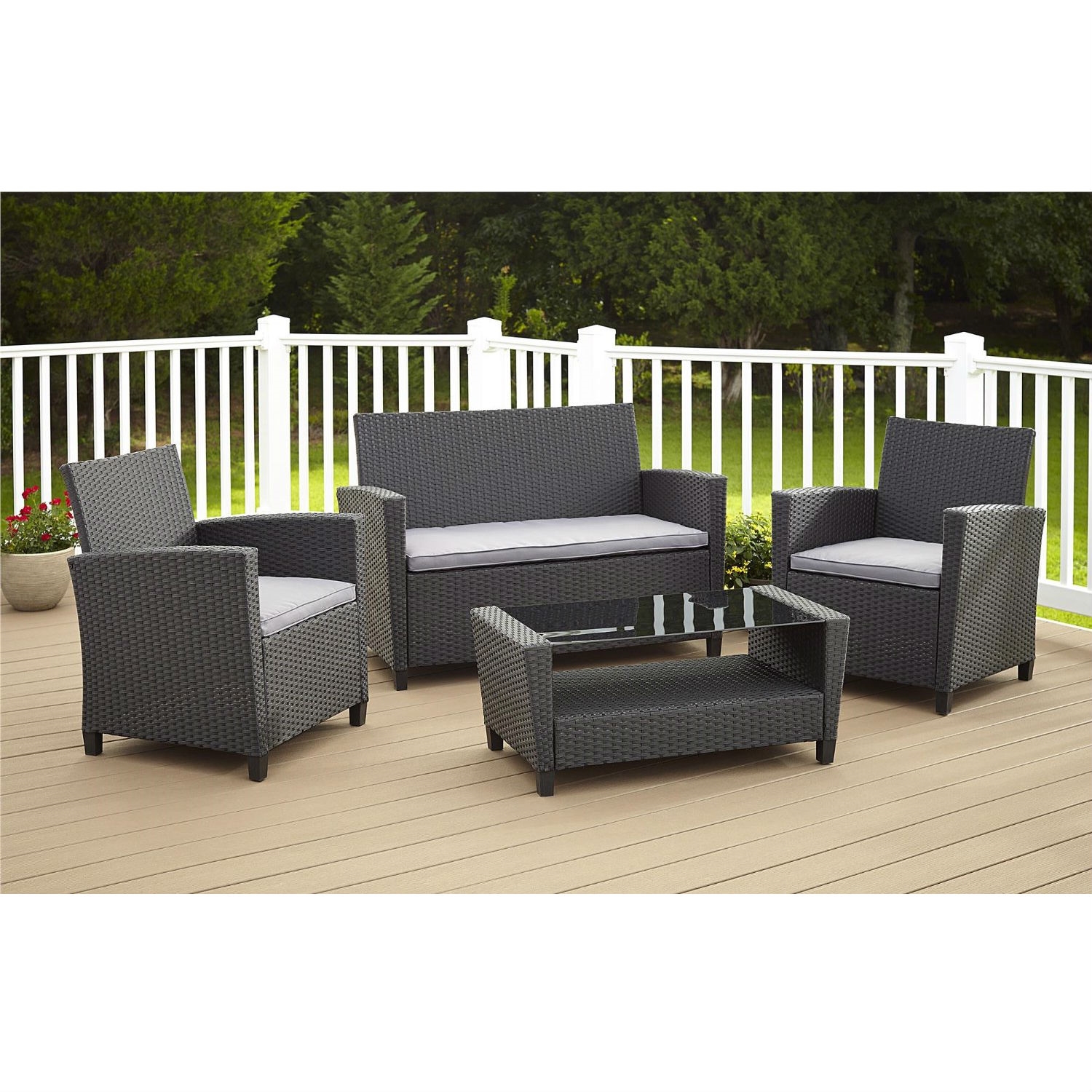Trending 4-Piece Outdoor Patio Furniture Set in Grey Resin Wicker and Cushions grey resin wicker outdoor furniture