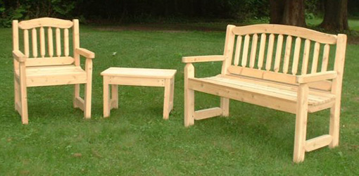 Ideas of Cypress bench, chair, and table on lawn wooden garden furniture