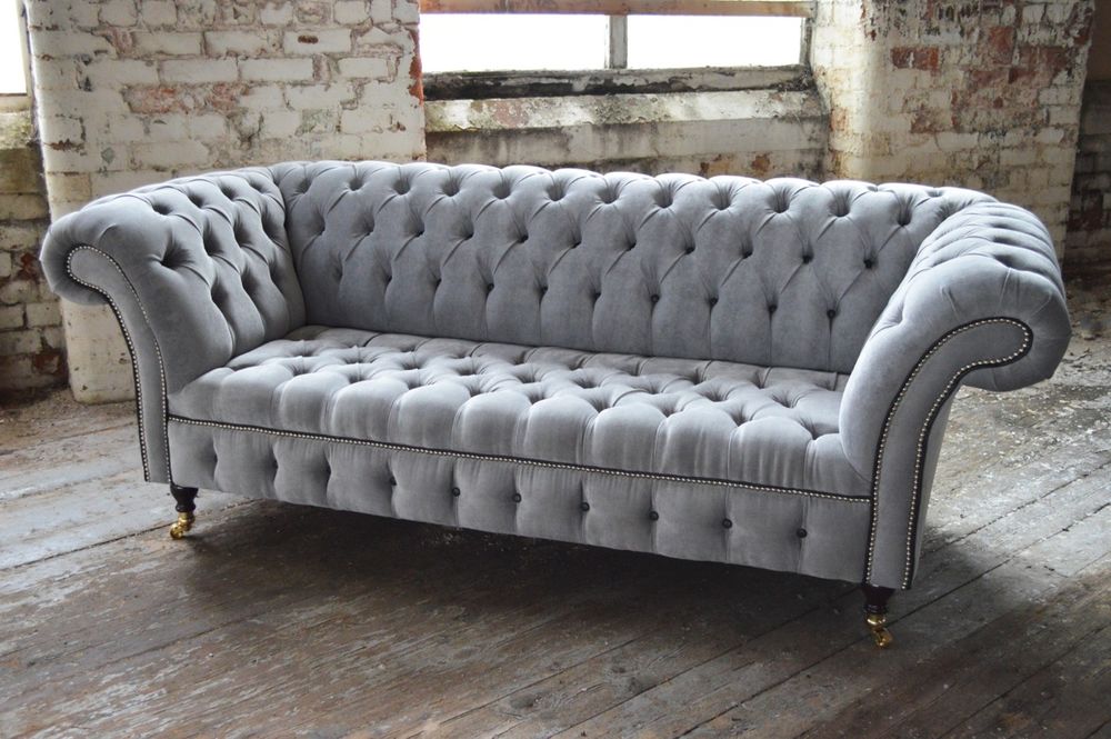 Images of MODERN HANDMADE SILVER VELVET FABRIC CHESTERFIELD SOFA COUCH CHAIR BLACK  DETAILS fabric chesterfield sofa