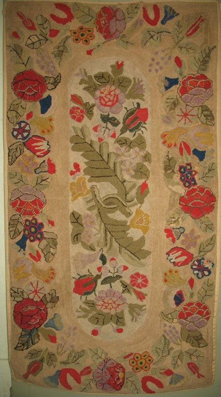 Images of View Large Image · FLORAL SPRAY FLORAL BORDER ANTIQUE HOOKED RUG vintage hooked rugs