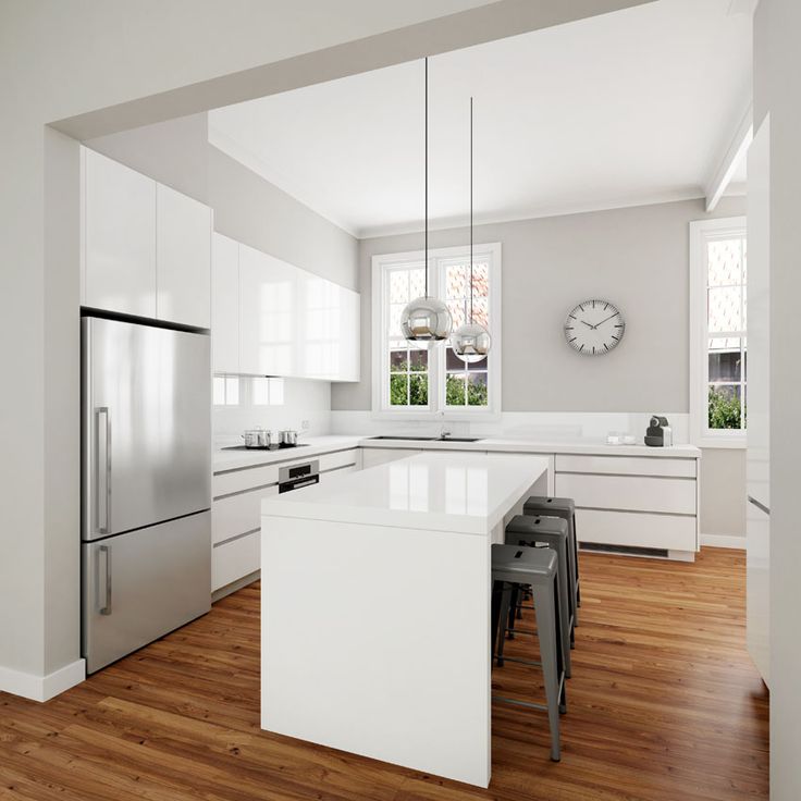 Luxury Classic modern white kitchen design. Solu-slimline handles, gloss  polyurethane door fronts modern white kitchen designs