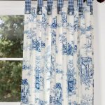 Luxury Lenoxdale Toile Button-Tab Curtains with Laurel Check but in black for the blue toile curtains