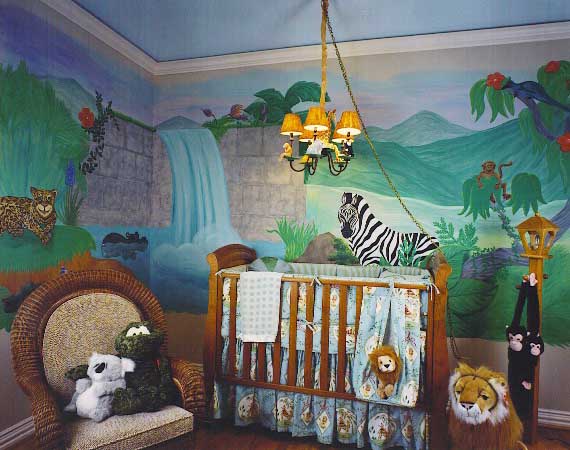 Modern baby room decorating · wall mural with waterfall and animals childrens themed bedrooms