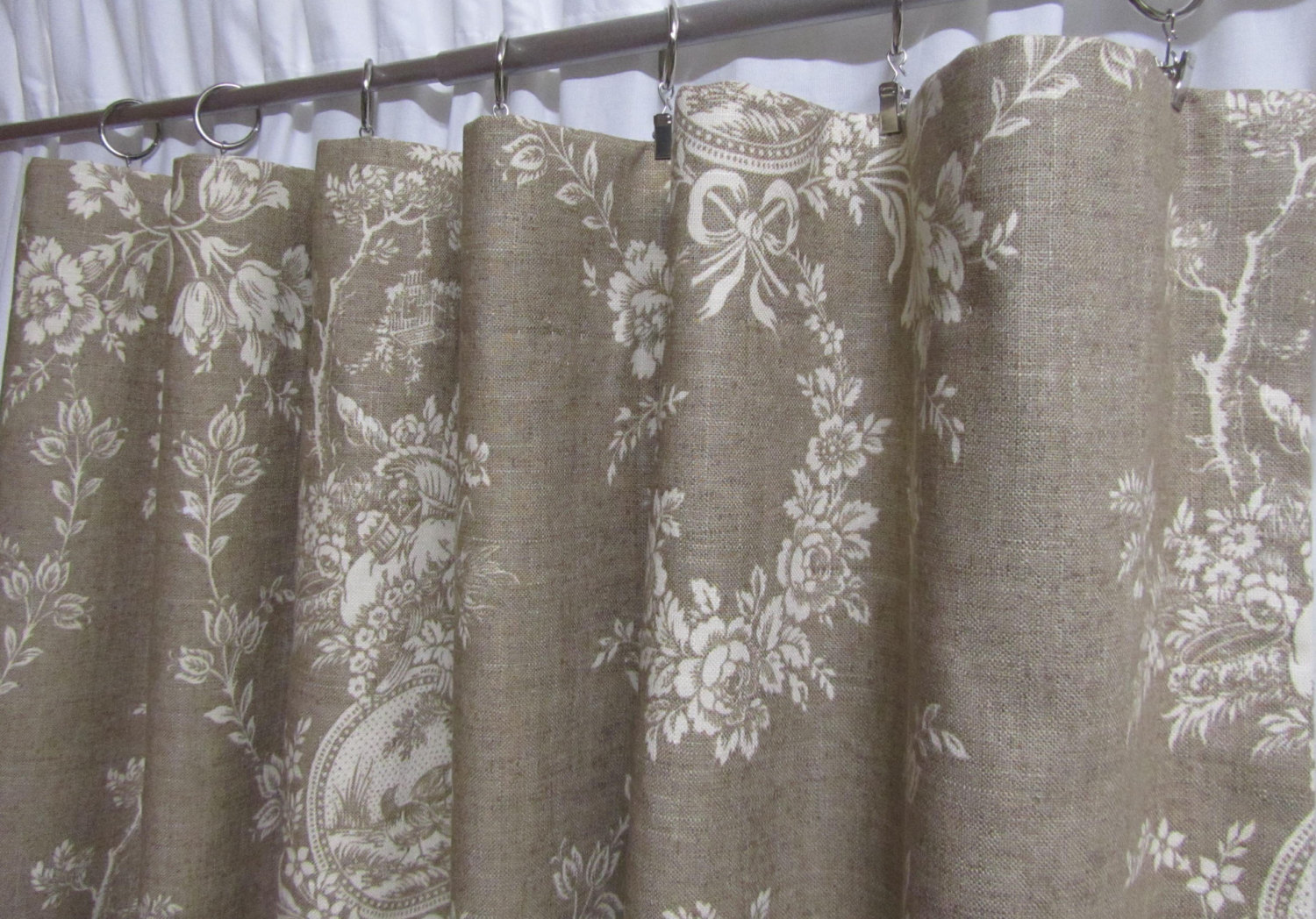 Modern French Country Curtains, Neutral Toile Drapes, Linen-Colored Window Curtains,  Shabby Chic, French french toile curtains
