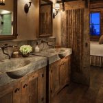 Modern Rustic Bathroom Décor with Concrete Sinks and Barn Door rustic bathroom decor ideas