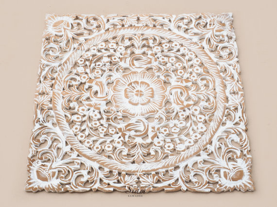 Modern White Wash Wood Carving Wall Art Panel. Wall by SiamSawadee wood carved wall art