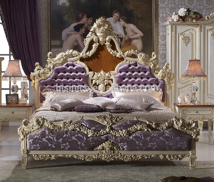 New Solid Beech Wood Hand Carved Royal Rococo Bedroom Furniture,Anqitue Baroque  Bed rococo bedroom furniture