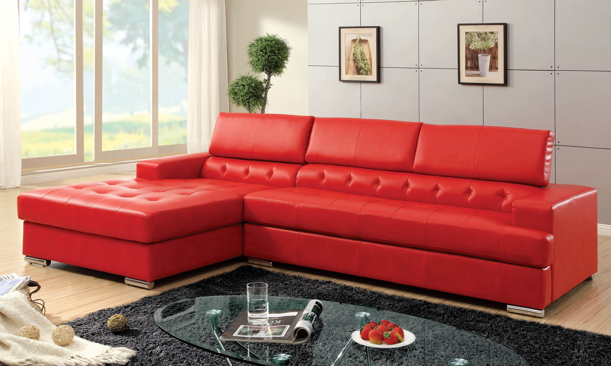Pictures of Hokku Designs Red Leather Sectional with Partially Tufted Upholstery red leather sectional sofa