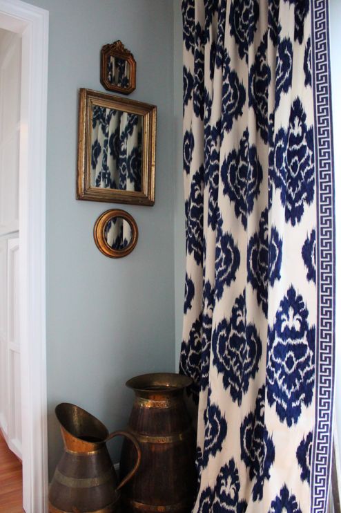 Pictures of Love the Curtains! Navy Blue and White Ikat pattern with Greek Key border. navy blue and white curtains