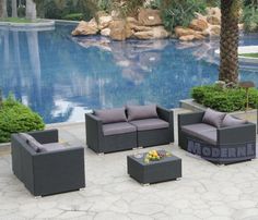 Popular Modern Furniture All-Weather Collection: Set of 3 Grey Loveseats and 1 grey resin wicker outdoor furniture