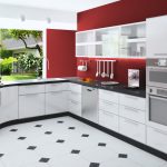 Elegant Custom modern kitchen with red walls, white cabinets, black and white floor red and white kitchen designs