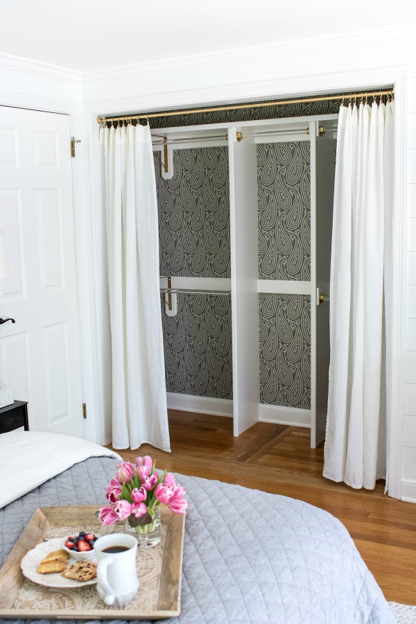 Stunning Closet transformed from a double door closet with center partition to one closet door curtains
