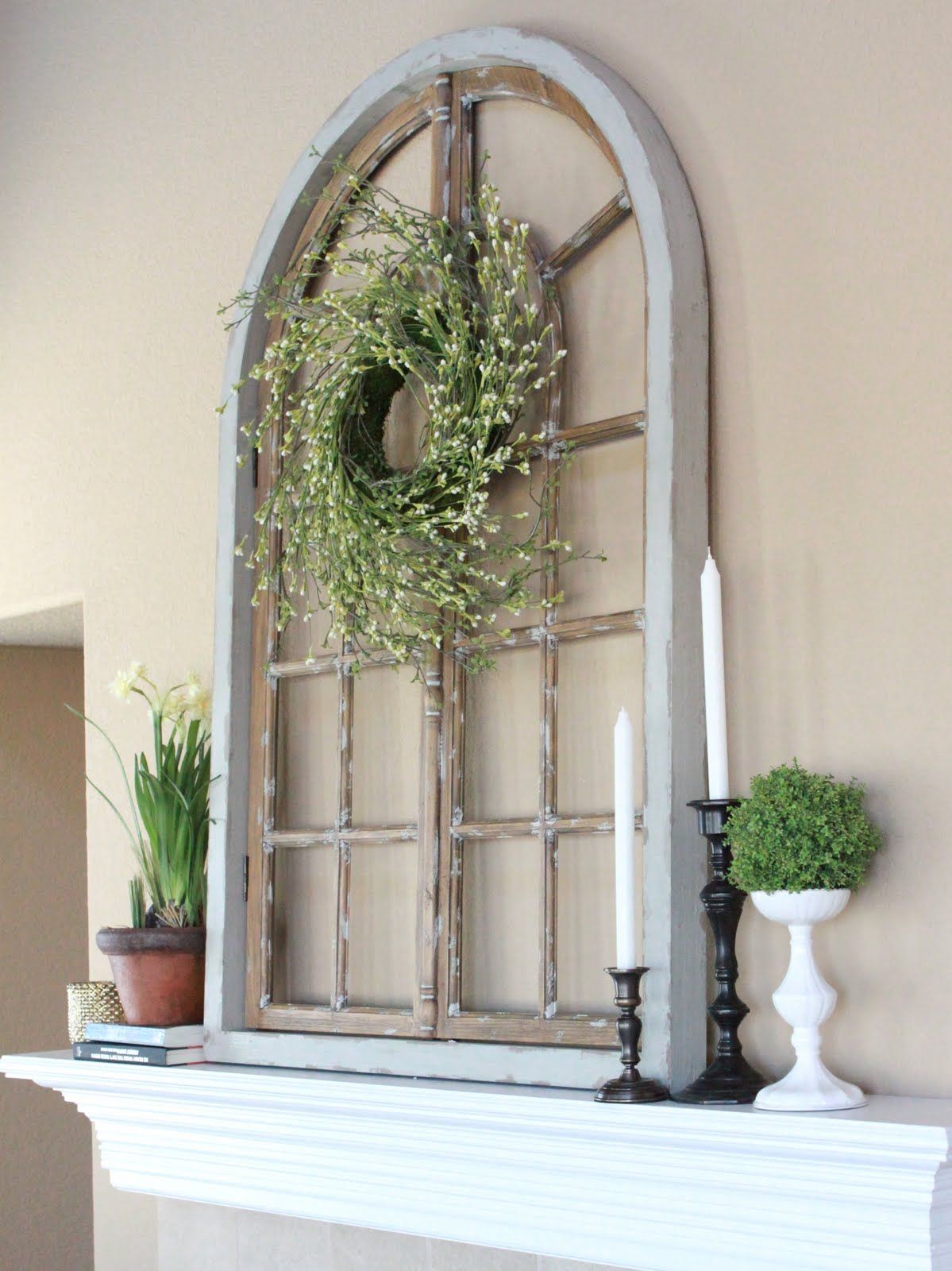 Stunning Fireplace mantel decor with an arched window frame rustic window frame wall decor