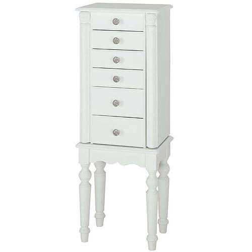 Stunning Wooden 6-Drawer Jewelry Armoire With Mirror, White Finish white jewelry armoire