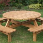Stunning wooden garden furniture with medium size round table and four half round round wooden garden table and chairs