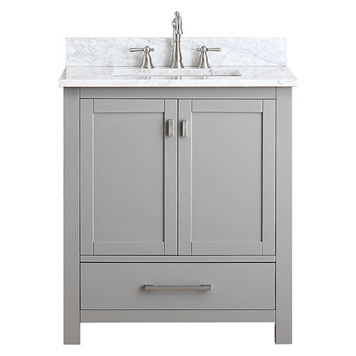 Stylish Modero Chilled Gray 30-Inch Vanity Combo with White Carrera Marble Top 30 inch bathroom vanity with top