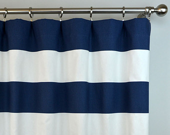 Stylish Navy Blue White Cabana Horizontal Stripe Curtains - Rod Pocket - 84 96 navy blue and white striped curtains