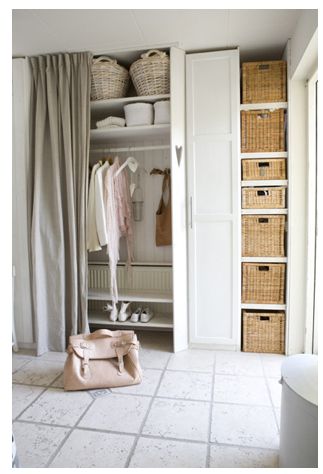Stylish Wardrobe curtains + baskets open wardrobe storage